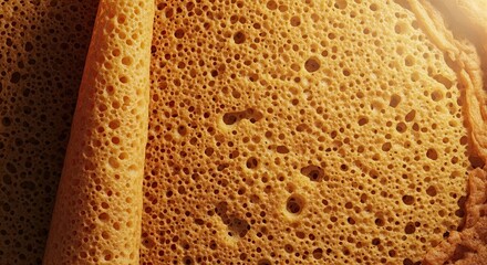 A beautiful macro close-up of a warm, golden brown pancake, showcasing its delicate and porous bubbly texture under soft, appetizing morning sunlight
