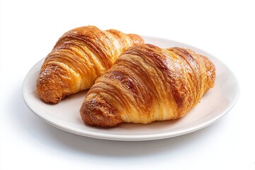 Two croissants on a plate on a white background