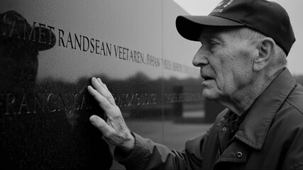 Elderly veteran touching engraved names on a black granite memorial wall. Senior man mourning and paying respects to fallen soldiers. Black and white footage of remembrance and grief