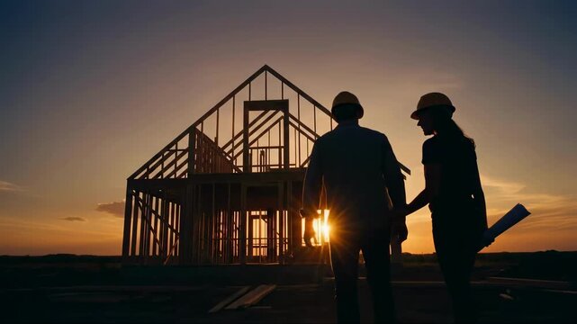 Silhouettes of construction engineers looking at a house frame at sunset. Man and woman with hard hats and blueprints discussing a building project. New home real estate concept