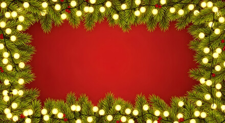 Festive holiday frame with glowing yellow string lights on green fir branches against a vibrant red background.
