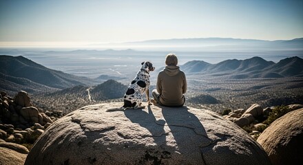 Naklejka premium From a rear view, a young person and their loyal spotted dog companion sit on a rocky summit, peacefully contemplating the vast, sunlit mountain landscape below