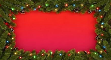 Festive Christmas frame made of green fir branches decorated with colorful lights on a vibrant red background.
