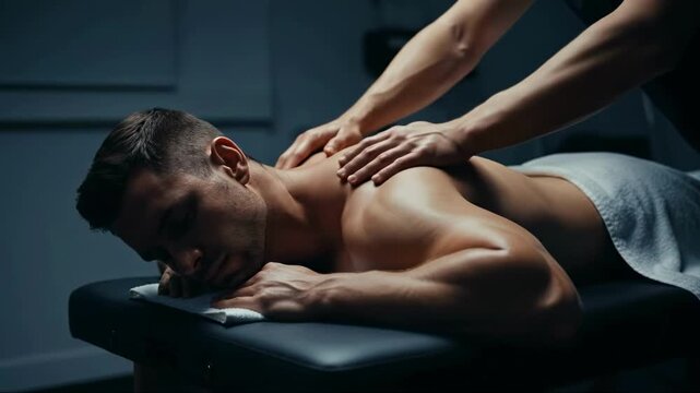 Man receiving a back massage in a spa. Therapist hands kneading shoulder muscles for relief. Wellness and physiotherapy concept