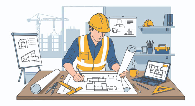 An architect in a yellow helmet sketching blueprints at a desk.