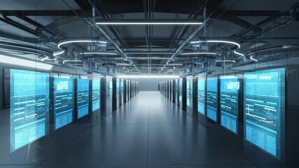 Futuristic server room with data processing and storage the digital information is displayed on the server racks, creating a hightech and modern atmosphere - Powered by Adobe