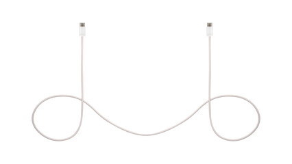 A white fabric-braided USB Type-C cable isolated on a transparent PNG. Ideal for concepts related to business technology, data transfer, connectivity and fast charging for modern devices.