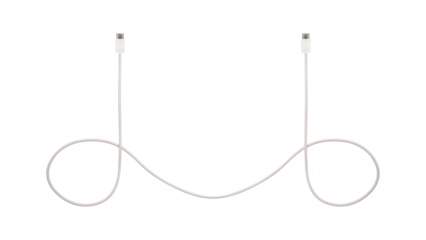 A white fabric-braided USB Type-C cable isolated on a transparent PNG. Ideal for concepts related to business technology, data transfer, connectivity and fast charging for modern devices.