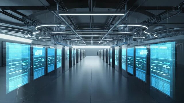 Futuristic server room with data processing and storage the digital information is displayed on the server racks, creating a hightech and modern atmosphere - Powered by Adobe