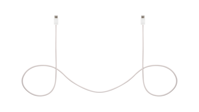 A white fabric-braided USB Type-C cable isolated on a transparent PNG. Ideal for concepts related to business technology, data transfer, connectivity and fast charging for modern devices.