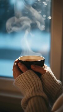 Vertical video of hands holding a steaming cup of hot coffee or tea against a winter window. Person wearing a cozy knitted sweater enjoying a warm beverage on a cold snowy day. Hygge concept