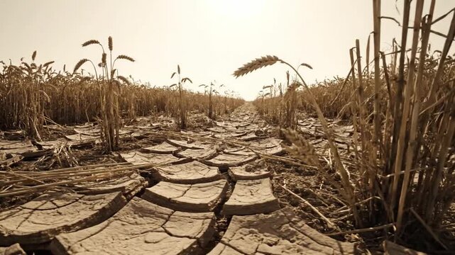 Dry, cracked earth in a wheat field shows severe drought damage to crops