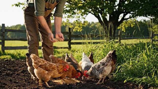 Farmer nurtures free range chickens in sustainable farming environment