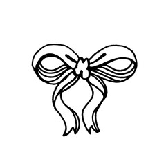 Charming hand-drawn ribbon bow in elegant line art style. Soft curves and expressive strokes create a vintage decorative element perfect for holiday designs, gift tags, packaging, invitations, cards