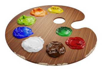 Wooden 's palette displays dollops of brightly colored thick painting medium against a dark background