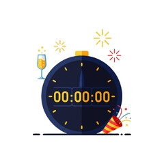 A flat vector icon illustration of a festive countdown timer showing zero, signifying a New Year's celebration with a party popper and champagne