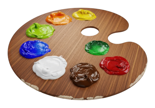 Wooden 's palette displays dollops of brightly colored thick painting medium against a dark background
