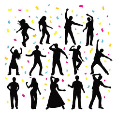 Silhouetted Figures Dancing Among Confetti, Celebratory Vector Art