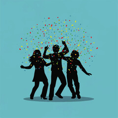 Silhouette of party people dancing under confetti, celebrating joy and excitement