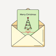 Flat vector illustration of an open envelope revealing a festive Merry Christmas card with a decorated Christmas tree. Ideal for holiday season greetings and joyful messages