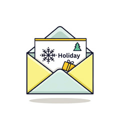 Holiday Greetings Flat Vector Icon of an Envelope with Snowflake, Christmas Tree, and Gift Card