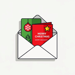 Festive Christmas cards and holiday greetings sent in an open white envelope, depicted as a flat vector illustration