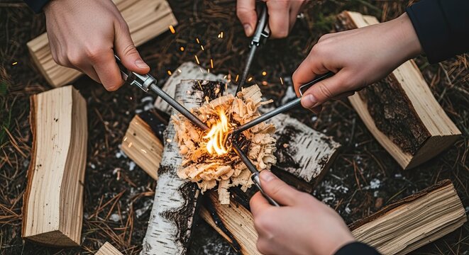 A group of people demonstrate survival skills by starting a campfire with ferrocerium rods, creating sparks to ignite wood shavings on birch logs in the wilderness