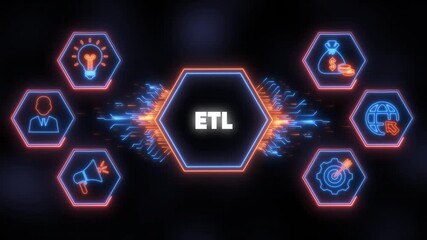 ETL acronym in hexagon with business icons and digital circuit lines data - Powered by Adobe