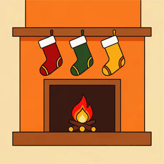 Flat vector icon of a fireplace with stockings hanging above the mantelpiece, depicting a warm and cozy scene with a crackling fire