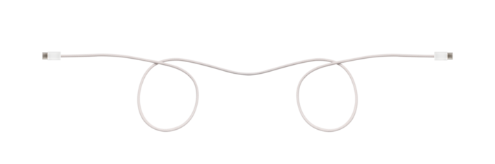 A white fabric-braided USB Type-C cable isolated on a transparent PNG. Ideal for concepts related to business technology, data transfer, connectivity and fast charging for modern devices.