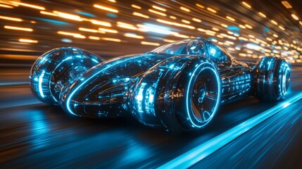 A sleek car zooms through lit streets, leaving a vibrant light trail in its wake as it speeds at night