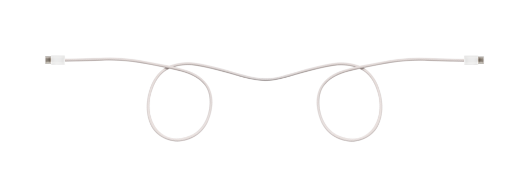 A white fabric-braided USB Type-C cable isolated on a transparent PNG. Ideal for concepts related to business technology, data transfer, connectivity and fast charging for modern devices.