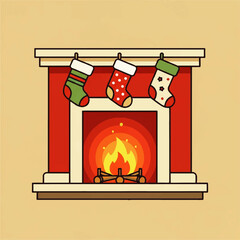 Charming flat vector illustration of a traditional red brick fireplace adorned with colorful Christmas stockings, emanating warmth and holiday spirit