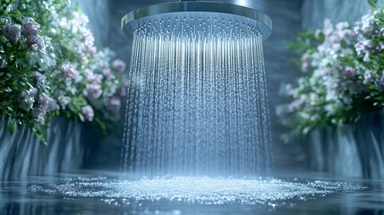 Water flows from a luxurious showerhead, creating a tranquil space amid soft light and blooming flowers