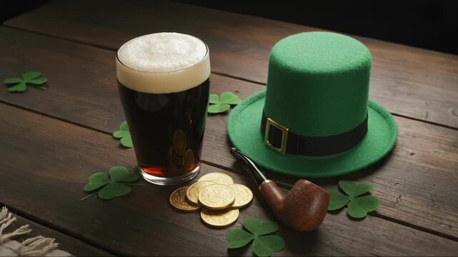 Pint of dark stout beer with green leprechaun hat and gold coins. St. Patrick's Day celebration on wooden table with shamrocks and pipe. Irish holiday concept