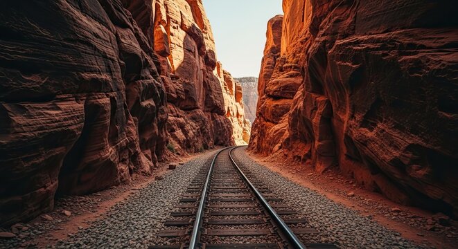 A railway track winds through a narrow red rock canyon, leading the viewer on a journey through a majestic and sunlit desert landscape with a sense of adventure and exploration - Powered by Adobe