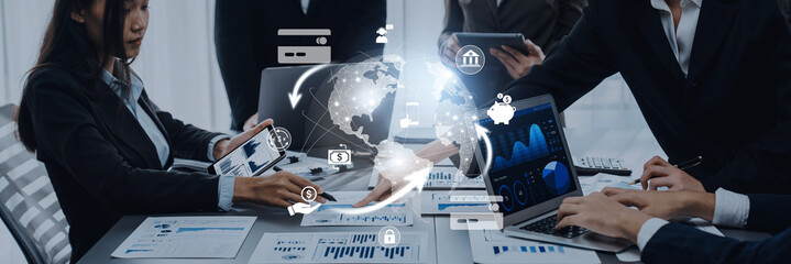 A dynamic business meeting featuring professionals utilizing digital tools to discuss finance trends, strategy, and collaboration for effective decision-making and growth in a corporate setting. Trope