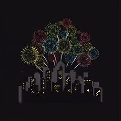 Explosion of colorful fireworks illuminating a dark city skyline, a festive celebration