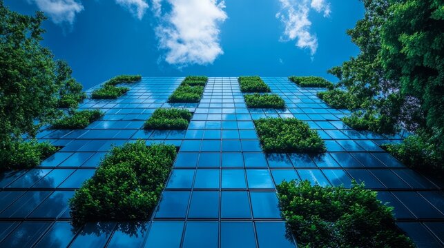 Vertical gardens enhance modern glass surfaces, showcasing sustainable urban living and innovative design