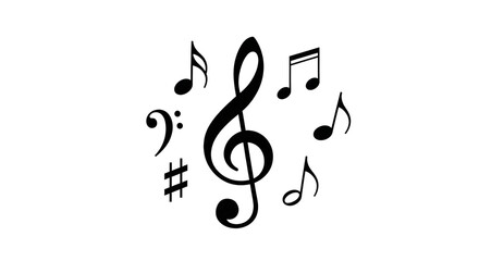 A collection of musical symbols, including a prominent treble clef, various notes, a bass clef, and a sharp symbol, are scattered across a transparent  background.

