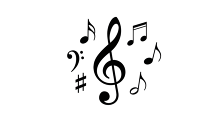 A collection of musical symbols, including a prominent treble clef, various notes, a bass clef, and a sharp symbol, are scattered across a transparent  background.
