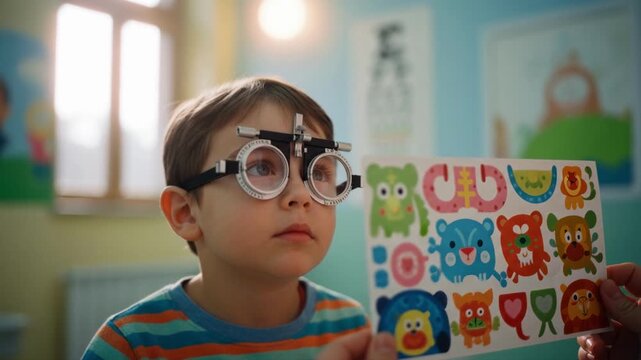 Young boy wearing trial frames during an eye exam at a clinic. Child looking at a vision test card with colorful cartoons. Pediatric ophthalmology concept