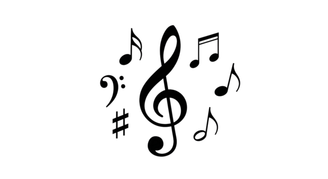 A collection of musical symbols, including a prominent treble clef, various notes, a bass clef, and a sharp symbol, are scattered across a transparent background.
