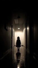 Vertical illustration of haunting child ghost in hallway, symbol of darkness, fear and paranormal mystery, suitable for creative projects, books and games