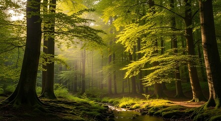 Enchanting green forest landscape with sun rays illuminating the stream and dense canopy