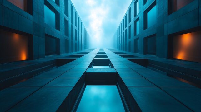 Step into a modern corridor with sleek lines and a mystical blue hue, evoking an otherworldly feel