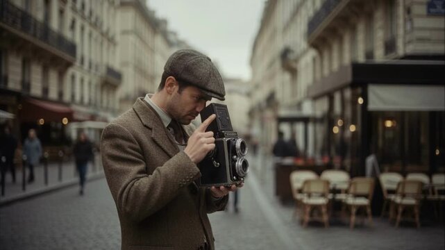 Vintage photographer holding a retro twin-lens camera on a Parisian street. Man in tweed jacket and flat cap composing a shot outdoors. Classic photography and nostalgia concept