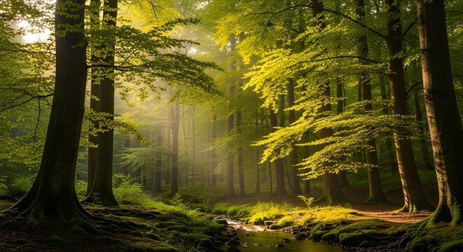 Enchanting green forest landscape with sun rays illuminating the stream and dense canopy