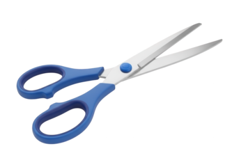 Sharp metal implement with blue plastic handles isolated against a dark background