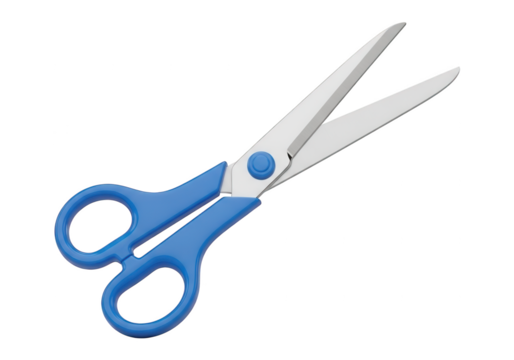 Opened pair of blue handled cutting instrument isolated against a black background